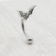 16G surgical steel eyebrow ring with bat design, featuring a 10mm bat charm and 3mm ball end for unique piercing style