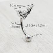 16G surgical steel eyebrow ring with a bat design, featuring a lightweight form and external threading for versatile wear