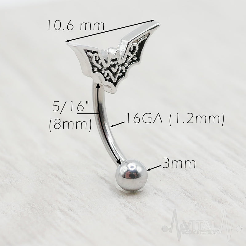 16G surgical steel eyebrow ring with a bat design, featuring a lightweight form and external threading for versatile wear