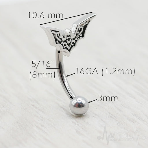 16G Bat Eyebrow Ring - Surgical Steel barbell, Daith Earring, Daith Piercing, Rook Earring, Rook Piercing, Curved Barbell 8mm
