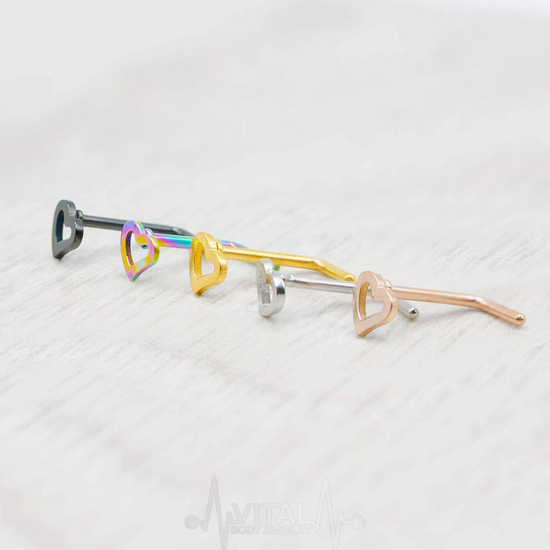 20G surgical steel L-bend nose ring with heart stud, hypoallergenic and comfortable for daily wear