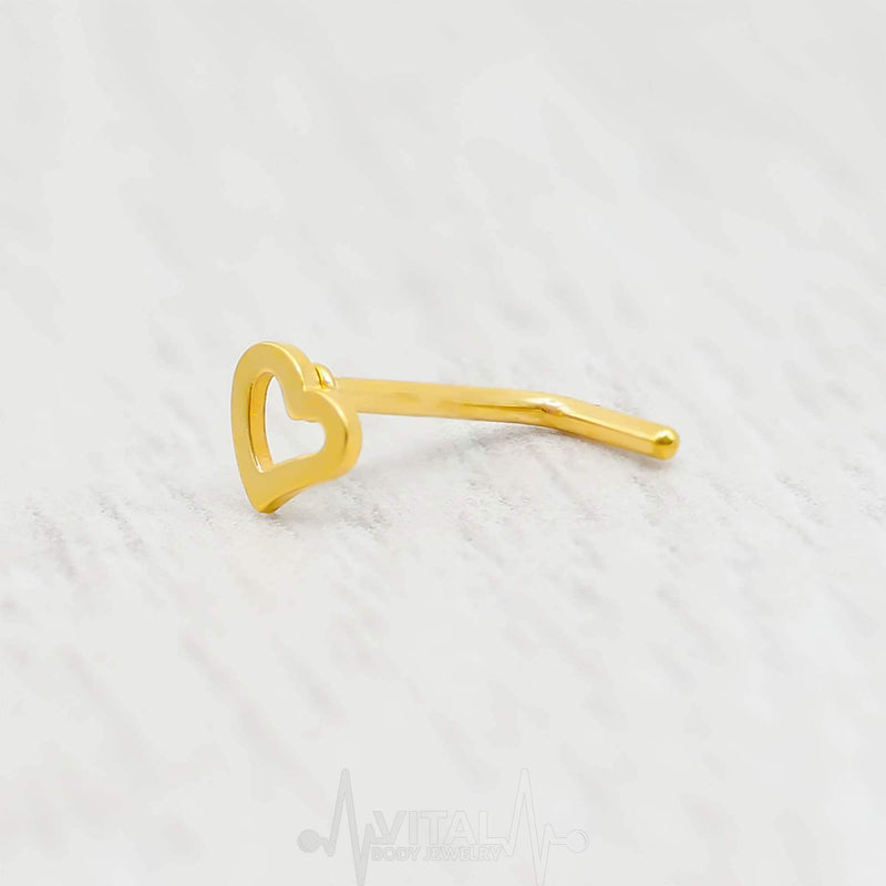 20G L Shape Nose Ring with Heart Stud - Surgical Steel, in Silver, Gold, Rose Gold, Rainbow and Black Color