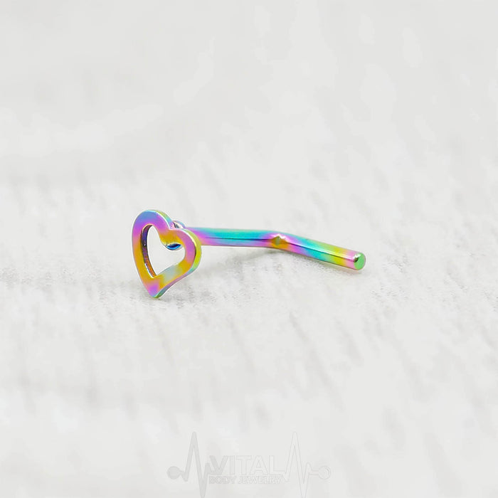20G L Shape Nose Ring with Heart Stud - Surgical Steel, in Silver, Gold, Rose Gold, Rainbow and Black Color