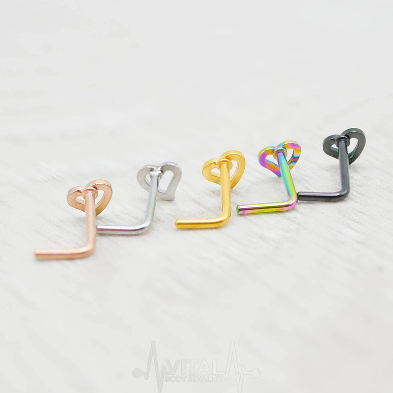 20G surgical steel L-bend nose ring with a heart stud for a charming and secure fit