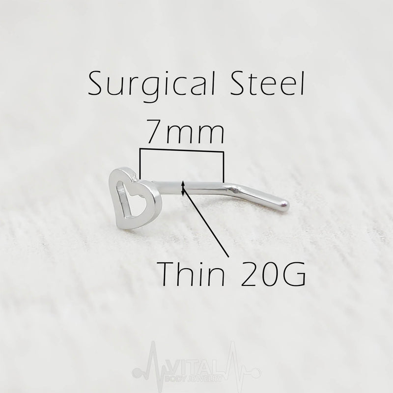20G L Shape Nose Ring with Heart Stud - Surgical Steel, in Silver, Gold, Rose Gold, Rainbow and Black Color