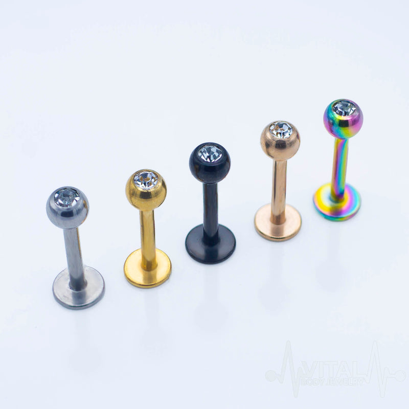 16G surgical steel labret stud with a 3mm jeweled ball end, designed for lip and cartilage piercings.