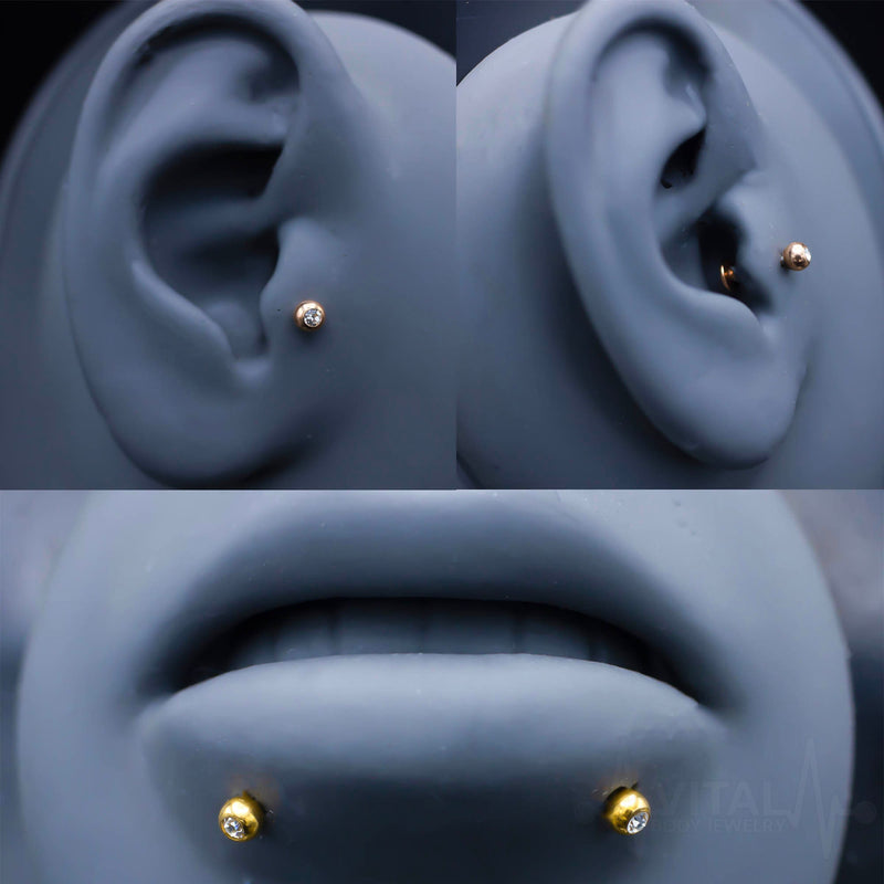 16G surgical steel labret stud with 3mm jeweled ball end, designed for lip and cartilage piercings