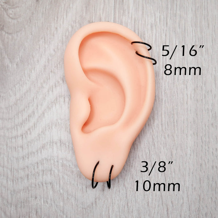 20G surgical steel double hoop earrings with minimalist open hoop design, available in Silver, Black, Gold, Rose Gold, and Rainbow.