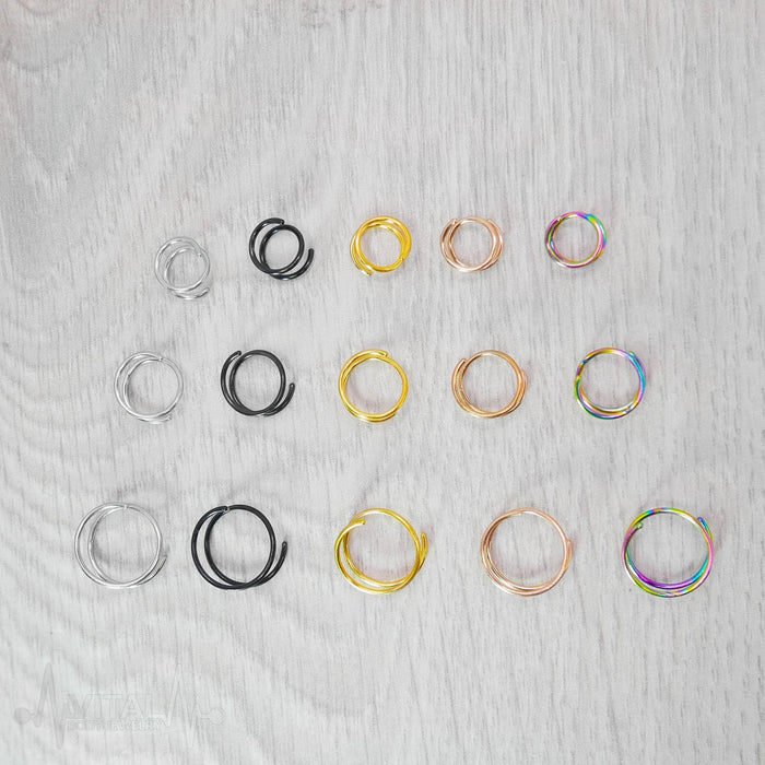 20G Surgical Steel Double Hoop Ring Earrings, for lobe, cartilage, nose and more. Silver, Black, Gold, Rose Gold and Rainbow Colors