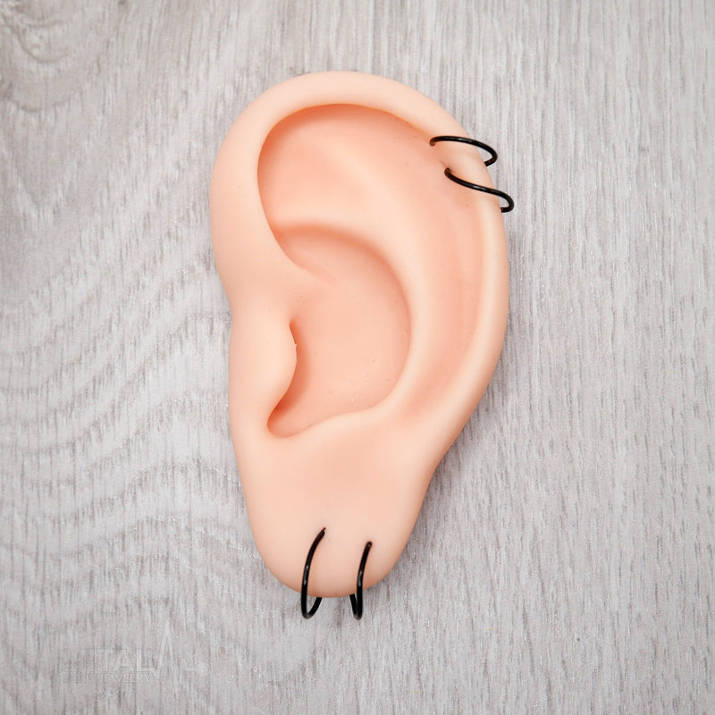 20G surgical steel double hoop earrings with open design, available in silver, gold, black, and rose gold colors.