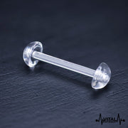 14G Bio Flex tongue barbell with flexible retainer, available in pink, clear, and peach/white, hypoallergenic for sensitive skin.