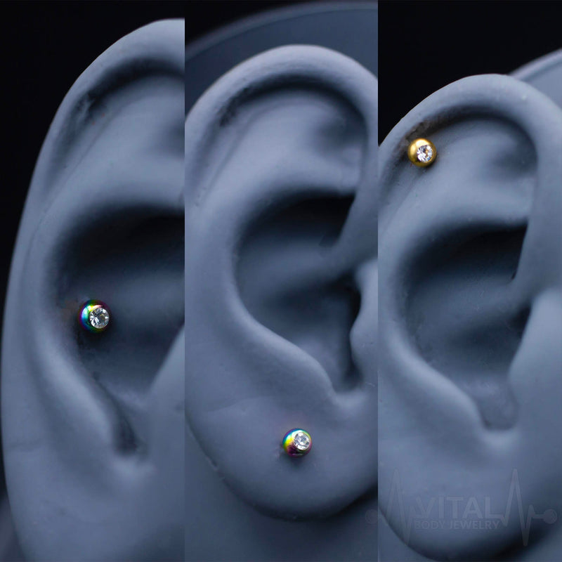 16G surgical steel labret stud with 3mm jeweled ball end, designed for lip and cartilage piercings in multiple length options.
