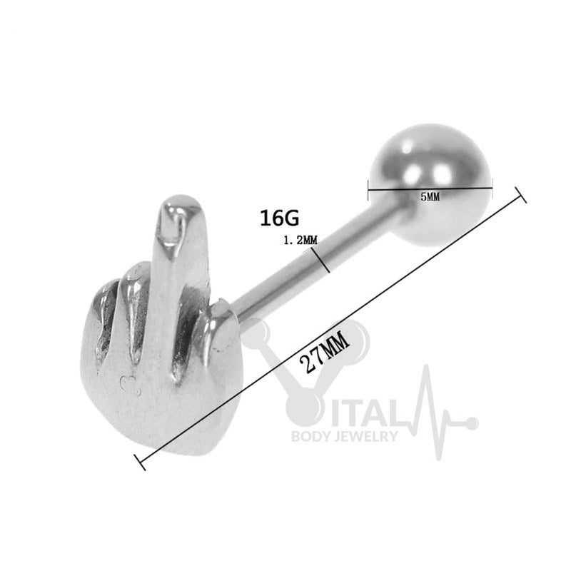 14G surgical steel tongue ring with externally threaded design featuring a playful "Fuck Off Mate!" style for bold expression
