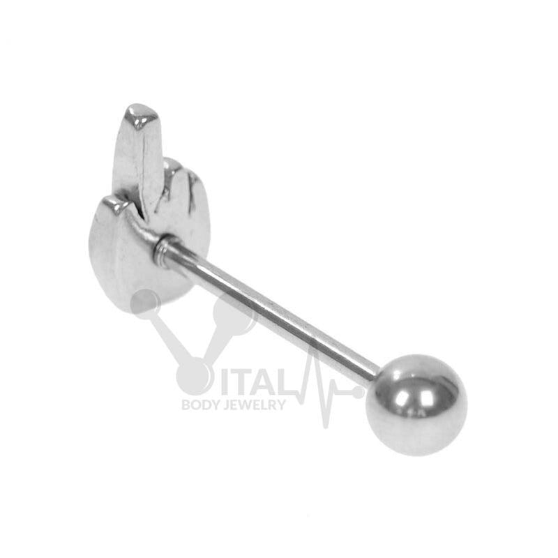 14G surgical steel tongue ring with "Fuck Off Mate!" design and externally threaded ball end for comfortable wear