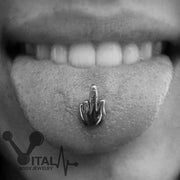 14G surgical steel tongue ring with playful "Fuck Off Mate!" design and externally threaded for easy wear.